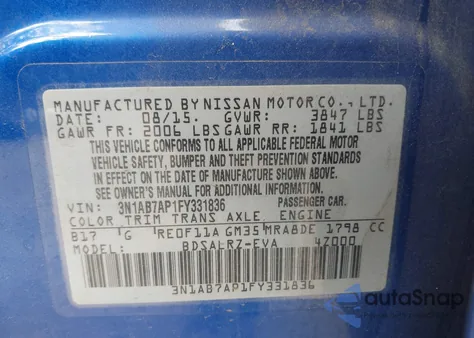 2015 Nissan Sentra Sr from USA, damaged, VIN 3N1AB7AP1FY331836